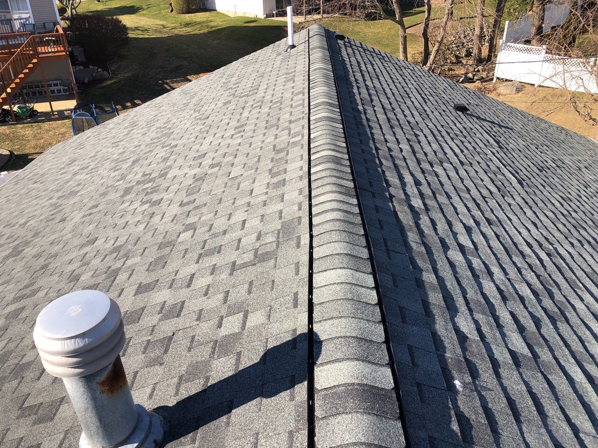 New ridge line on CertainTeed Landmark Granite Gray roof North Providence RI