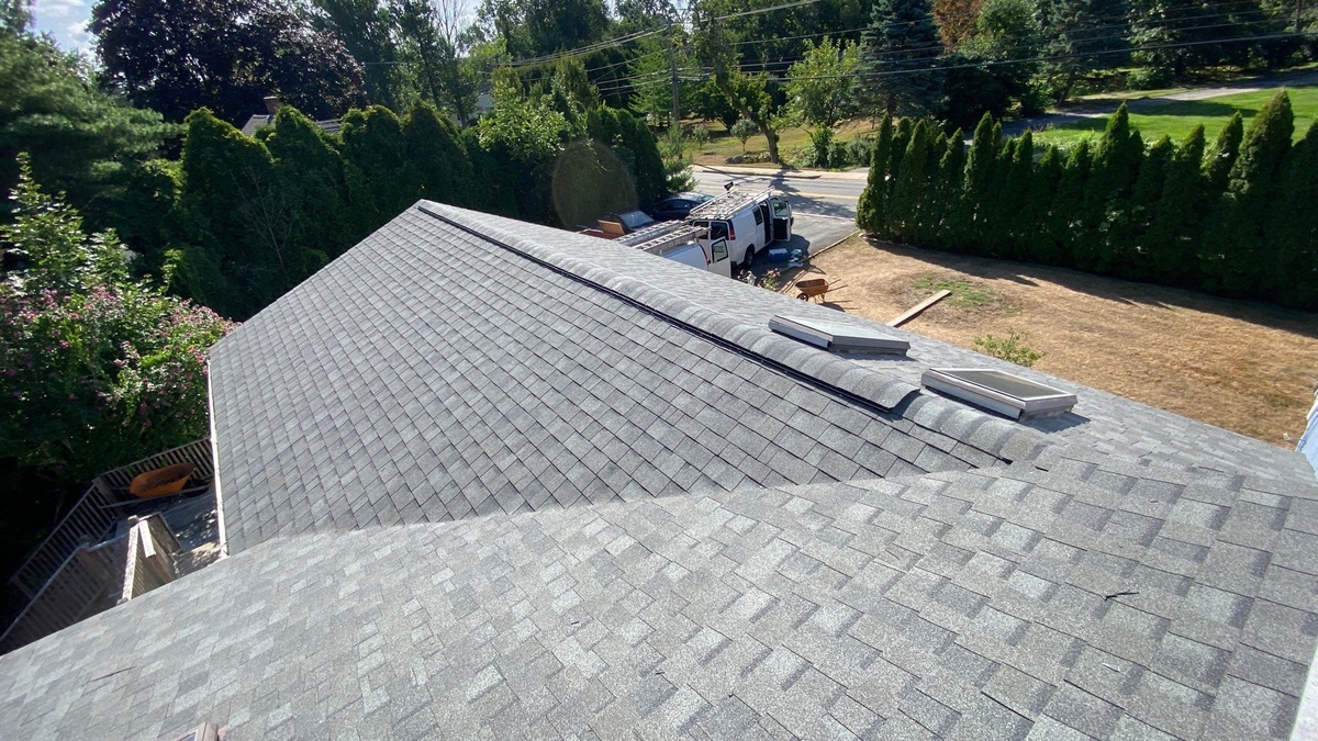 Aerial view CertainTeed Landmark Georgetown Gray storm damage roof replacement Cranston RI
