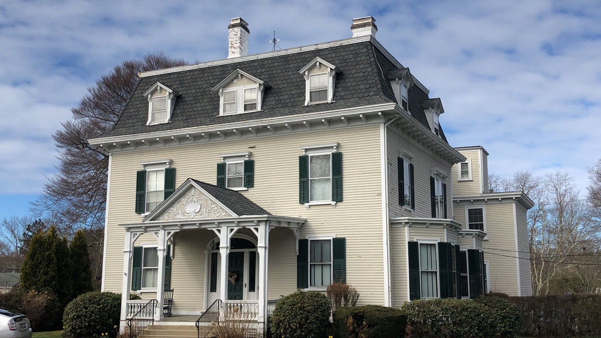 After — A Newport, RI Mansard Reroofed — CertainTeed Carriage House Designer Shingles in Colonial Slate