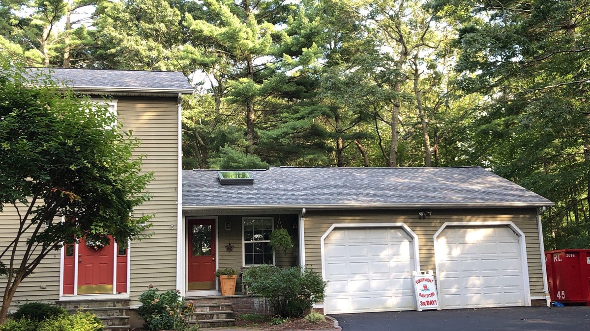 Front entry and garage under new Landmark PRO roof West Greenwich RI