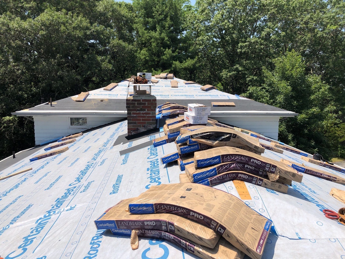 Insurance-Approved Wind Damage Replacement with New Lead Chimney Flashing — Landmark PRO Colonial Slate in Smithfield, RI