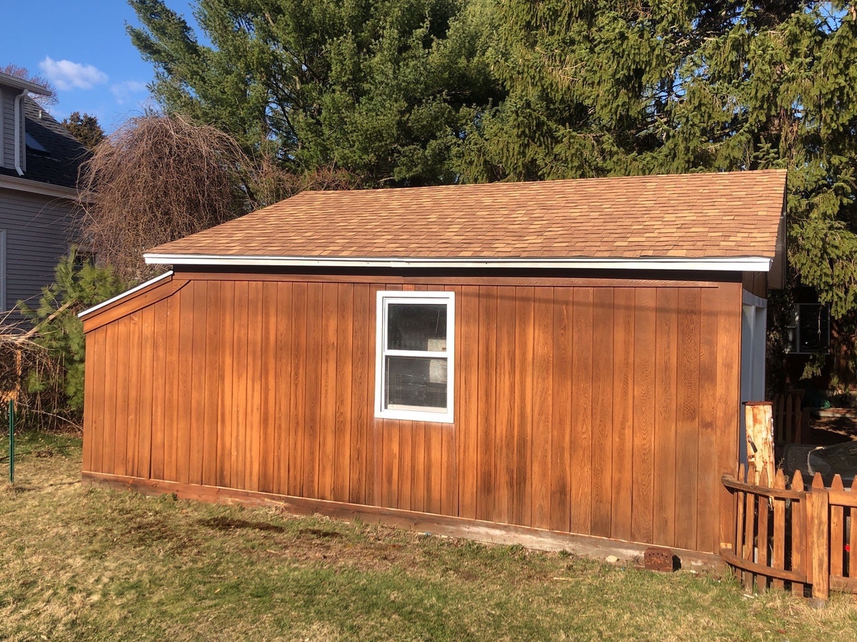 Matching shed roof in Landmark Resawn Shake Smithfield RI