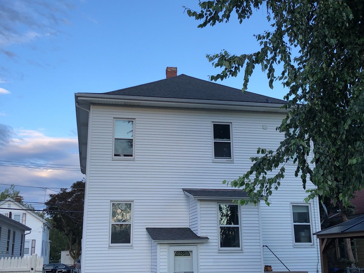 After — A Providence, RI Triple-Decker Reroofed After Wind Damage — CertainTeed Landmark Pewterwood, Insurance Approved