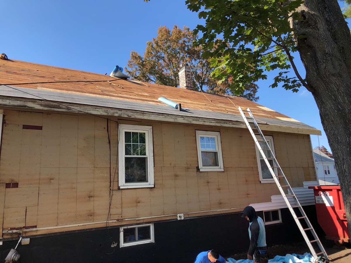 Roof stripped to deck during Pawtucket RI storm restoration