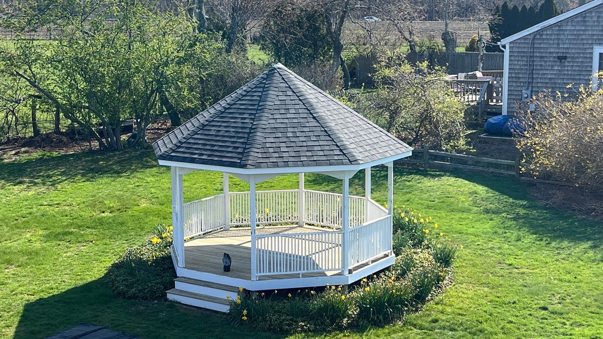 House and Gazebo Reroofed in Landmark PRO Pewterwood — A Narragansett, RI Roof Replacement with New PVC Trim