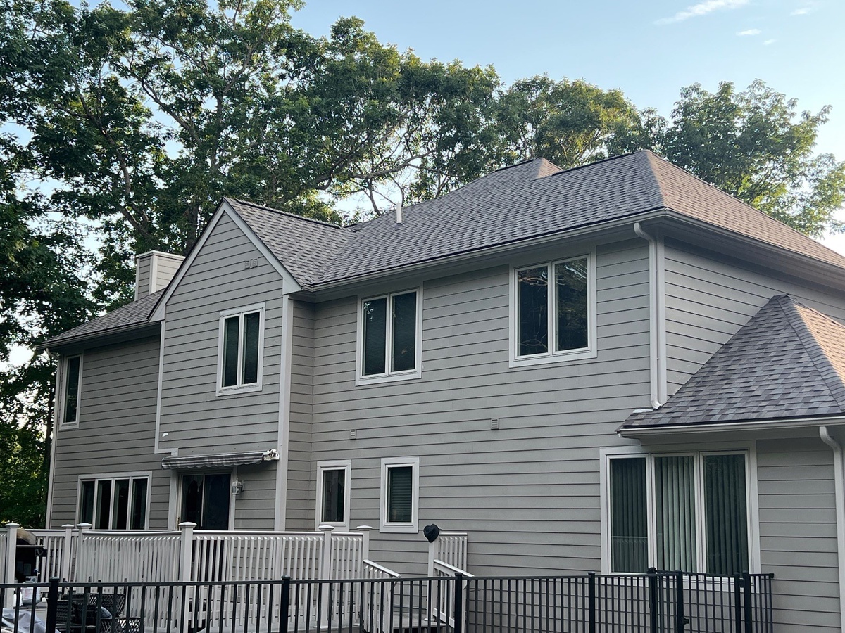 Side view NorthGate Weathered Wood polymer-modified shingle roof Tiverton Rhode Island