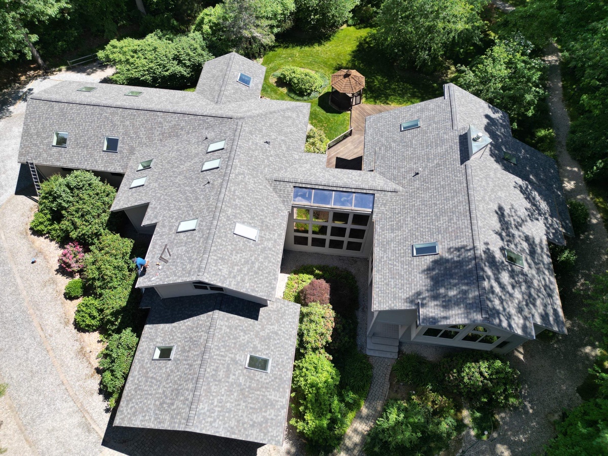 Aerial view of completed Landmark PRO roof Cranston RI