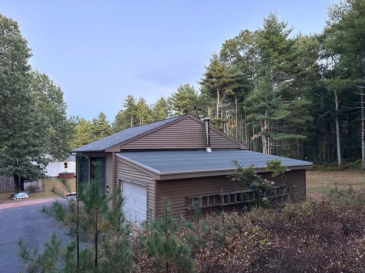Detached garage with fresh Georgetown Gray roof, West Greenwich