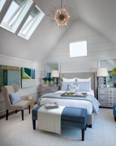 Bedroom with vaulted ceiling and Velux skylight installation in Burrillville, RI.