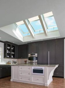 Kitchen interior with three Velux skylights installed in Jamestown, RI
