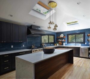 North Kingstown RI kitchen with two new Velux skylights providing natural light over the island and countertops.