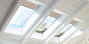 Three venting Velux skylights installed in a Smithfield, RI home, letting in natural light.