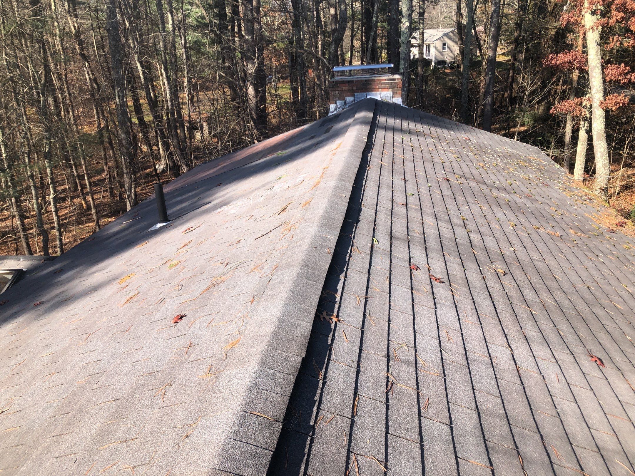 Aerial roof ridge, Glocester storm damage roof project