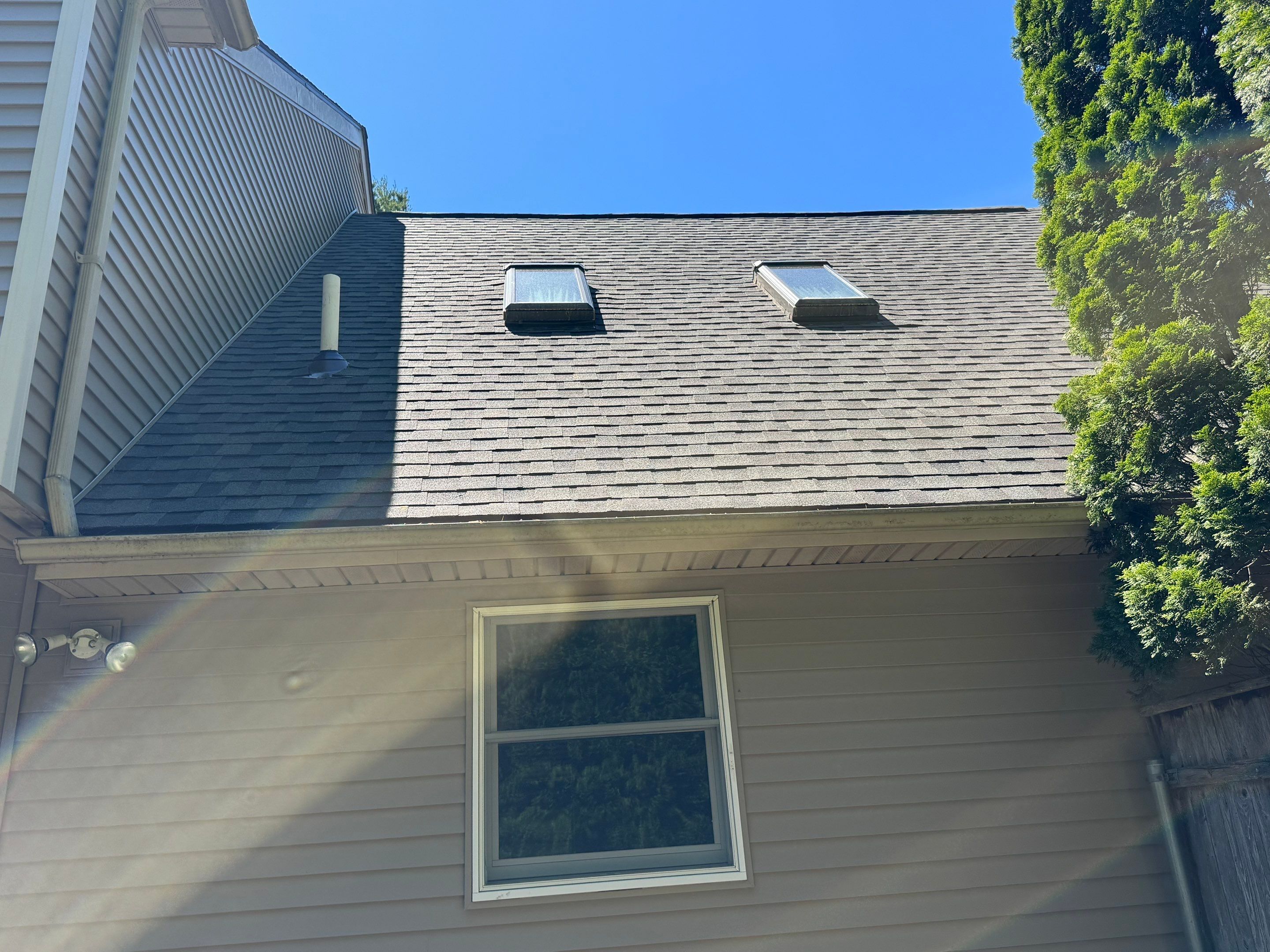 Scituate roof and siding project, aerial of Weathered Wood shingles and skylights