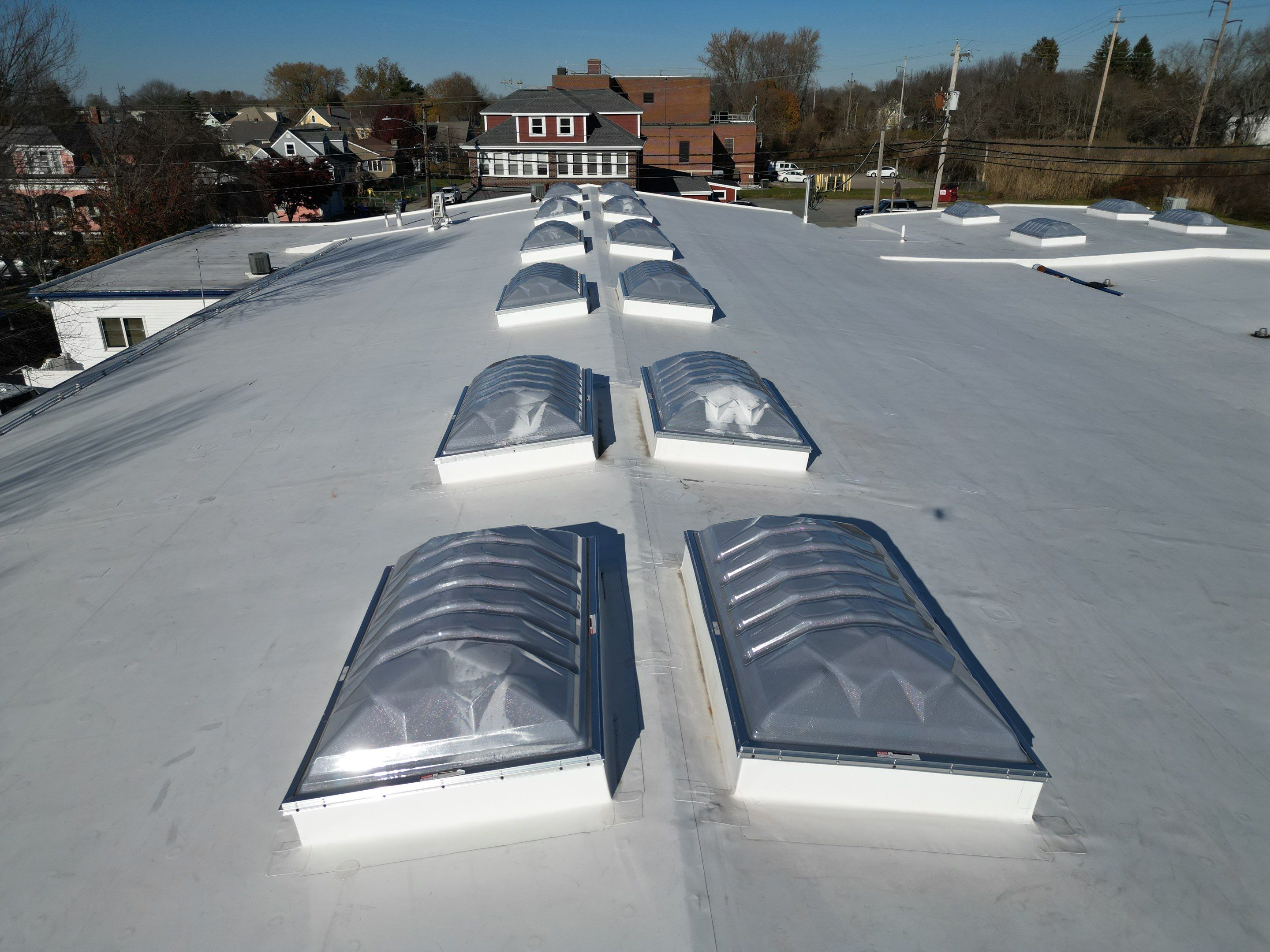 Rows of new dome skylights, aerial, Warren skylights