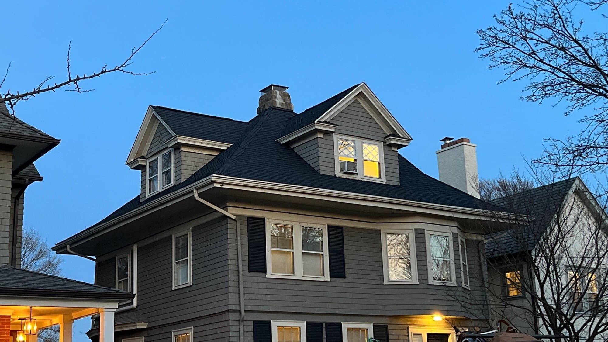 Charcoal Black Roof Replacement on a Providence Foursquare, RI