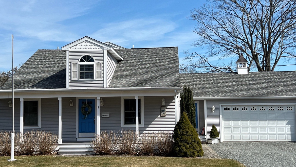 Final view of insurance claim roof replacement CertainTeed Colonial Slate Jamestown RI