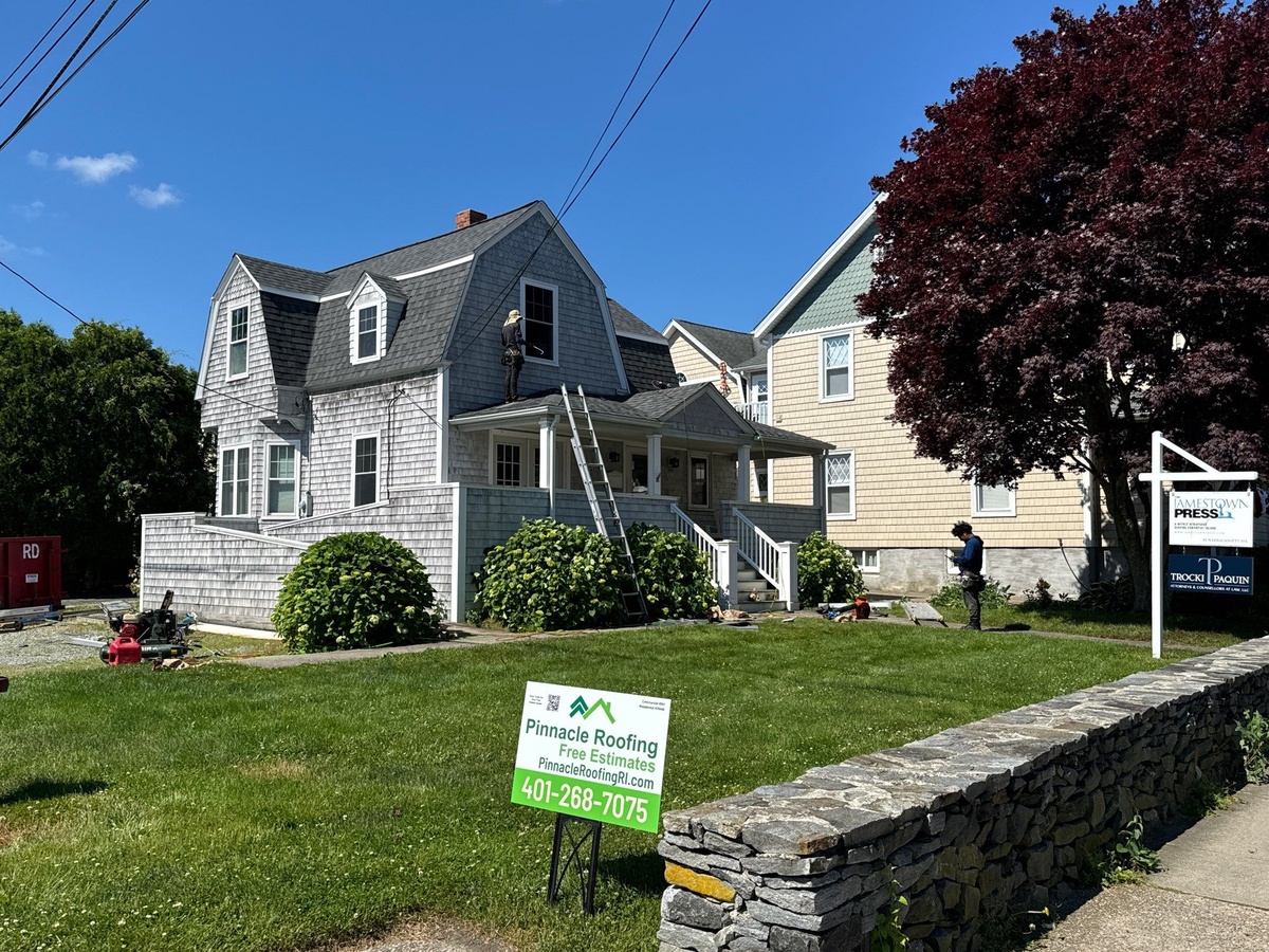 Trim repair and mansard roof replacement in progress Jamestown Rhode Island