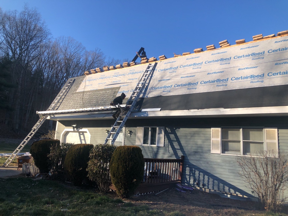 Storm Damage Restored in North Smithfield, RI — Landmark PRO in Max Def Cobblestone Gray Plus a Venting Skylight