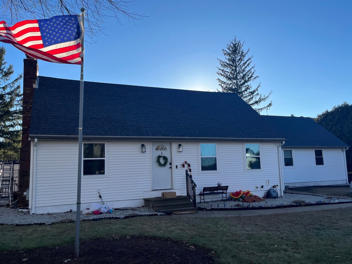 After — Wind Damage Repaired, Chimney Reflashed — CertainTeed Landmark Pewterwood on a Smithfield, RI Cape