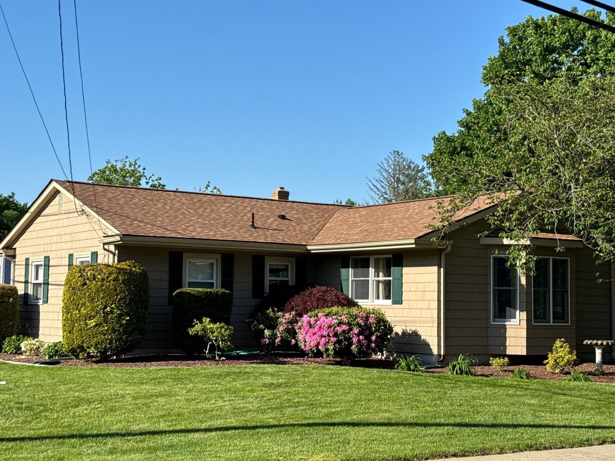 After — Coventry, RI Roof Repair: CertainTeed Landmark Resawn Shake Restoration with Chimney Work on Gervais Street
