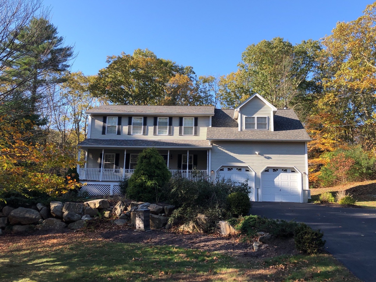 Completed CertainTeed Landmark PRO Driftwood roof replacement Exeter RI treeline