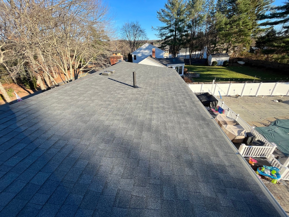 Wind Damage Repaired, Chimney Reflashed — CertainTeed Landmark Pewterwood on a Smithfield, RI Cape