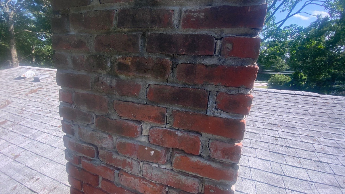Repointed brick chimney detail North Kingstown RI
