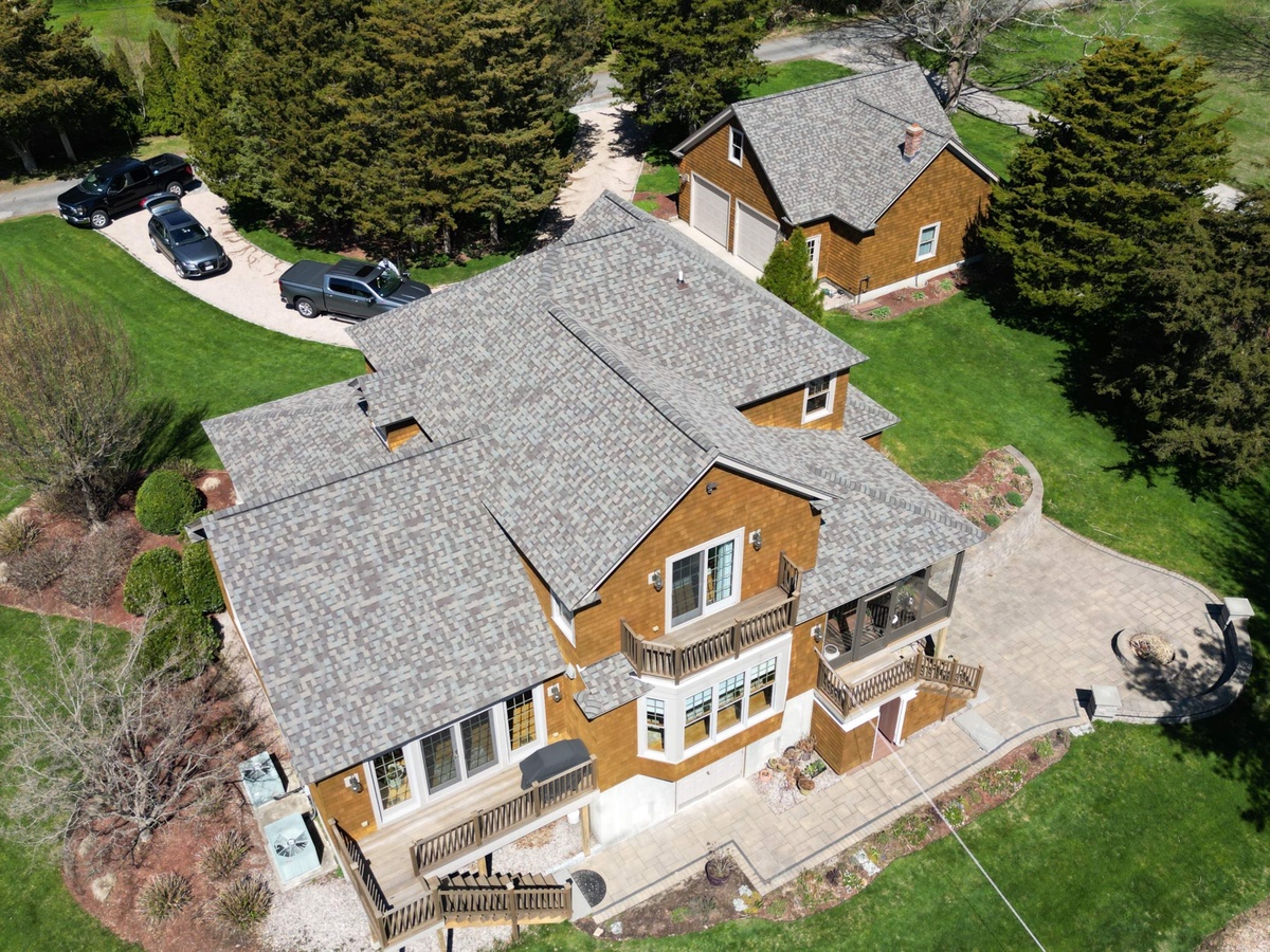 After — Landmark PRO Weathered Wood by the Salt Pond — A Charlestown, RI Roof Replacement, House and Garage Together