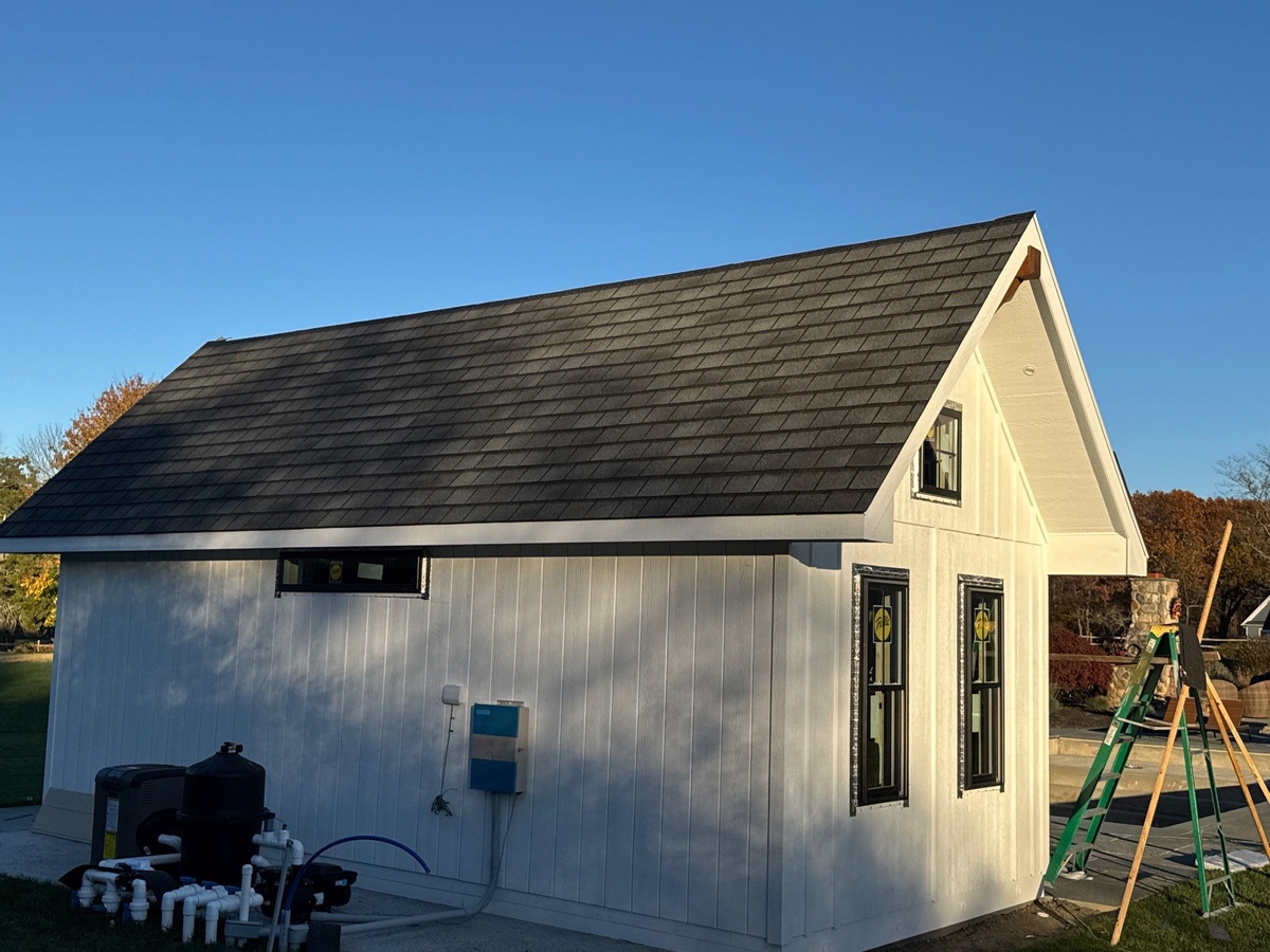 Completed GAF Slateline roof on pool house with property view North Kingstown RI