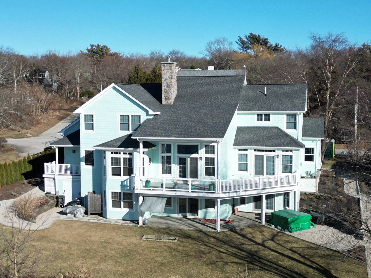 James Hardie shake shingle siding and CertainTeed Landmark PRO Pewterwood roof in Jamestown RI by Pinnacle Roofing