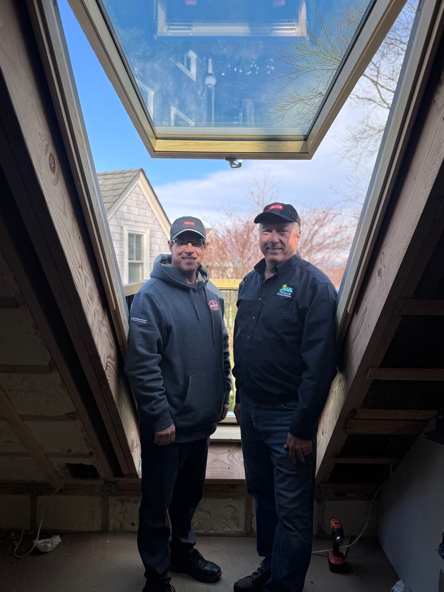 Showcase Project - VELUX Cabrio Balcony Jamestown RI - VELUX pre-engineered flashing kit installed around the Cabrio frame before shingle work