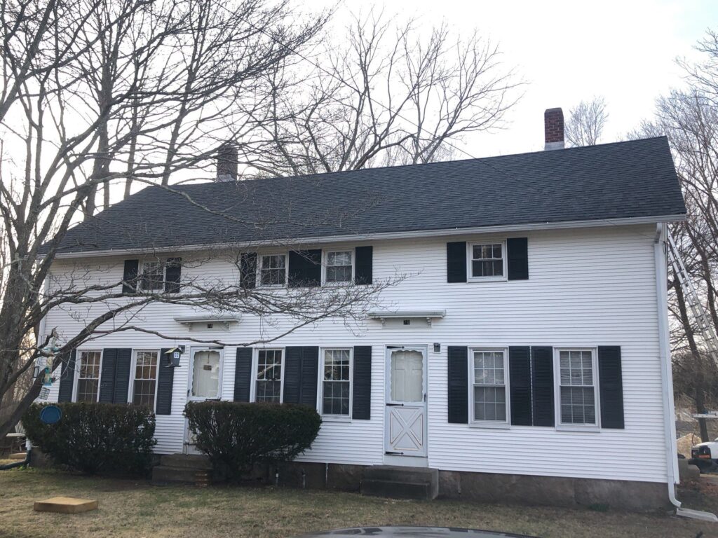 Roof replacement in Ashaway, RI using CertainTeed Landmark Pewterwood shingles — Project #11591 by Pinnacle Roofing & Skylights